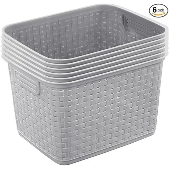 Plastic Wicker Storage Bins Set of 6 Tall Basket Organizer for Closet Shelves - Picture 7 of 7